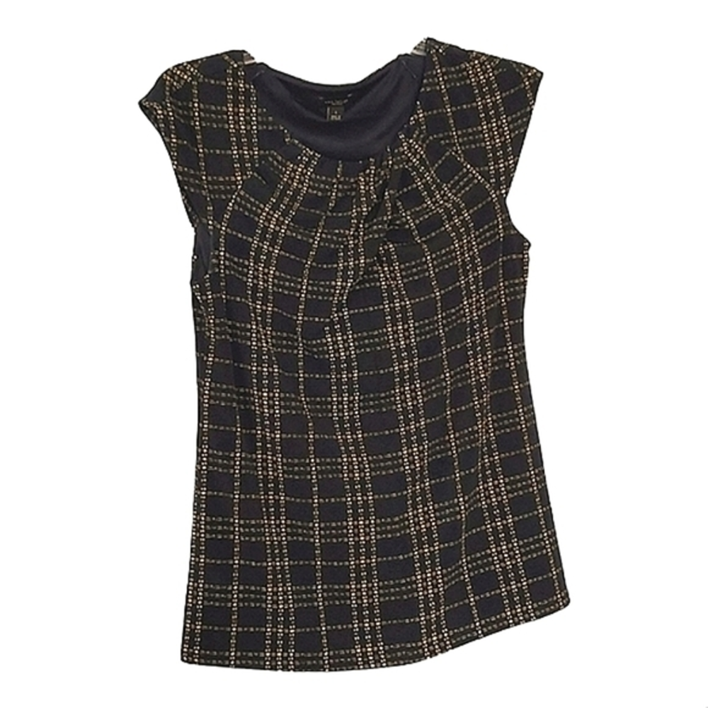 Ann Taylor factory cap sleeve shirt Navy blue with yellow plaid like design